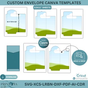 May include: Custom envelope Canva templates with a landscape design. The image shows several envelope designs, including a teal envelope and templates with dimensions of 90mm and 175mm. The text includes "8.5x11" SHEETS", "Canva EDITABLE", and "DRAG & DROP".