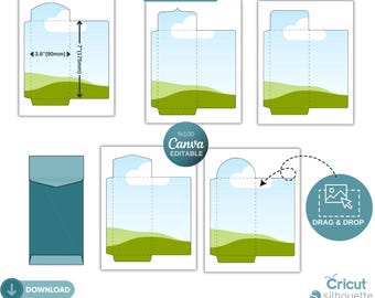 Puede incluir: Plantillas Canva de sobres personalizados con diseño de paisaje. La imagen muestra varios diseños de sobres, incluyendo un sobre turquesa y plantillas con dimensiones de 90 mm y 175 mm. El texto incluye "8.5x11" SHEETS", "Canva EDITABLE" y "DRAG & DROP".