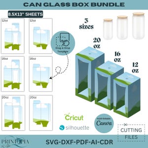 Paquete de cajas de vidrio de 3 tamaños: plantillas de 12 oz, 16 oz y 20 oz, archivos svg, DXF, PDF, ai y CDR editables para Cricut, Silhouette, canva 172