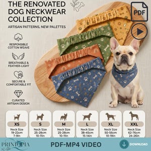 May include: A collection of four fabric dog bandanas in mustard yellow, olive green, terracotta, and navy blue, featuring patterns of bones and paw prints. A French Bulldog wears the navy blue bandana. Includes size charts from XS to XXL.