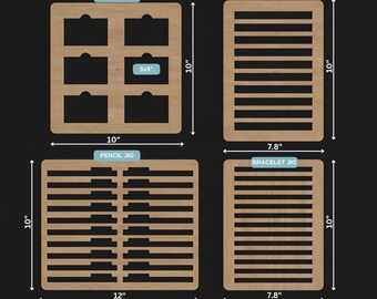Op de afbeelding: Vier digitale sjablonen voor het maken van kaarten-, armband- en potloodjiggen. De sjablonen zijn 10 inch bij 10 inch, 12 inch bij 10 inch en 7,8 inch bij 10 inch. De sjablonen zijn gelabeld met "Card Jig", "Bracelet Jig" en "Pencil Jig".