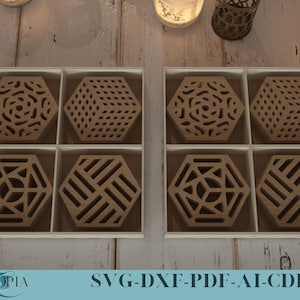 Coaster Holder SVG Laser Cut Box Pattern, 4 Coaster Designs,Laser Cut Coaster Box SVG File, Coaster Stand, Home Decor 029