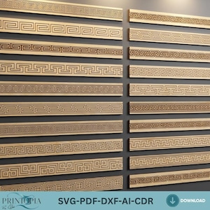 May include: Wooden decorative trim pieces with various geometric patterns. The trim is light brown with dark brown etched designs. The image includes the text "PRINTORIA" and "SVG-PDF-DXF-AI-CDR".