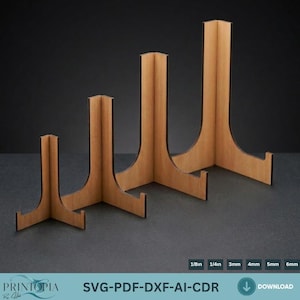 May include: Four wooden display stands of varying heights, each with a curved base and a vertical support. The stands are made of light brown wood and are arranged from smallest to largest. The text "SVG-PDF-DXF-AI-CDR" is visible.