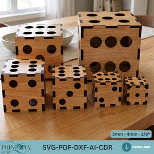 May include: A collection of wooden dice in various sizes, arranged on a wooden table. Each die features circular cutouts and etched details, with the numbers represented by smaller holes. The text "SVG-PDF-DXF-AI-CDR" is visible.
