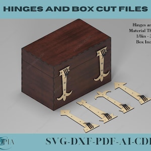 May include: A dark brown wooden box with decorative gold-colored hinges. The image also shows several matching hinge cutouts. Text on the image reads "HINGES AND BOX CUT FILES" and "SVG-DXF-PDF-AI-CDR".