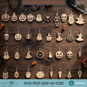 May include: A collection of wooden Halloween-themed earrings. Designs include pumpkins, ghosts, bats, skulls, and witch hats. The earrings are displayed on a dark wooden surface. The text "HALLOWEEN EARRING SET" is at the top.