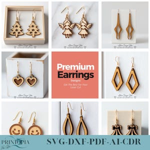 以下が含まれることがあります： クリスマスツリー、天使、ハート、ダイヤモンド、スマイリーフェイス、リボンなど、さまざまなデザインの木製イヤリングのコレクション。イヤリングは白い背景と木箱に展示されています。「Premium Earrings Designs」というテキストも表示されています。