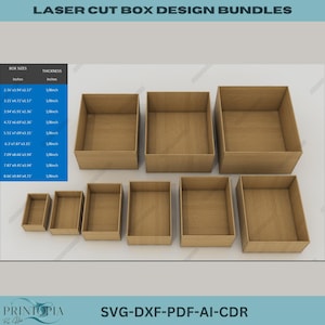 Puede incluir: Una colección de cajas de madera cortadas con láser de varios tamaños. Las cajas se muestran para mostrar sus dimensiones, con la caja más pequeña midiendo 6 x 4.9 x 4 cm y la más grande 22 x 25 x 12 cm. La imagen incluye el texto: "LASER CUT BOX DESIGN BUNDLES."