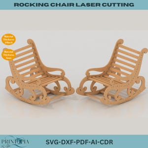 May include: Two wooden rocking chairs with a laser-cut design. The chairs have curved rockers, armrests, and slatted backs. The material thickness is 1/8 inch. The text "ROCKING CHAIR LASER CUTTING" is at the top.