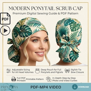May include: A digital sewing guide and PDF pattern for a modern ponytail scrub cap. The cap features a cream background with a green tropical leaf print, a deep pouch for hair, and a tie bow closure. Text includes Modern Ponytail Scrub Cap.