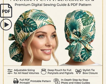 May include: A digital sewing guide and PDF pattern for a modern ponytail scrub cap. The cap features a cream background with a green tropical leaf print, a deep pouch for hair, and a tie bow closure. Text includes Modern Ponytail Scrub Cap.