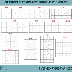 May include: A set of 50 printable puzzle templates in various sizes, including 2x2, 3x3, 3x4, 3x5, 3x6, 4x4, 4x5, 4x6, 4x8, and 5x5. The templates are black and white and feature a jigsaw puzzle design. The text "50 PUZZLE TEMPLATE BUNDLE 250+FILES" is at the top of the image. The text "SVG-DXF-PDF-AI-CDR" is at the bottom of the image.