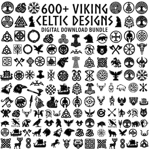 May include: A digital download bundle featuring over 600 black Viking and Celtic designs on a white background. The collection includes various icons such as trees, wolves, ravens, axes, helmets, ships, and geometric knots, with the text 600+ VIKING CELTIC DESIGNS.