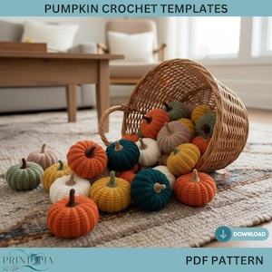 May include: A collection of crocheted pumpkins in various colours, including orange, teal, yellow, white, and green, spilling from a wicker basket. The pumpkins are displayed on a patterned rug. The text "PUMPKIN CROCHET TEMPLATES" is visible.