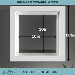 Puede incluir: Un marco cuadrado blanco de 25,4 cm por 25,4 cm, con una altura de 31,2 cm. La imagen incluye el texto "FRAME TEMPLATES" y "SVG-DXF-PDF-AI-CDR".