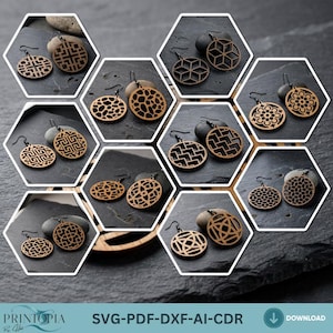 May include: A selection of wooden earrings featuring diverse geometric and patterned designs. The earrings are presented within hexagonal frames, highlighting their intricate cut-out details. The image includes the text "PRINTORIA" and "SVG-PDF-DXF-AI-CDR".