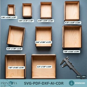 May include: A collection of nine unfinished wooden boxes of varying sizes, displayed on a gray surface. Measurements in inches are visible on each box. A metal caliper is also present. The bottom of the image includes the text "SVG-PDF-DXF-AI-CDR".