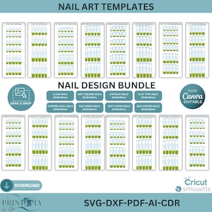 May include: A digital nail design bundle featuring various nail shapes, including claw, soft square, capsule, and flat type nails. The designs are displayed in a grid format with green and white accents. The text includes "Nail Art Templates" and "Nail Design Bundle."