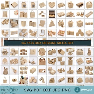 Può includere: Una collezione digitale di 142 design di scatole in cartone marrone di varie forme e dimensioni, tra cui scatole regalo, contenitori per bomboniere e modelli di imballaggio. L'immagine mostra una griglia di stili di scatole in carta kraft.