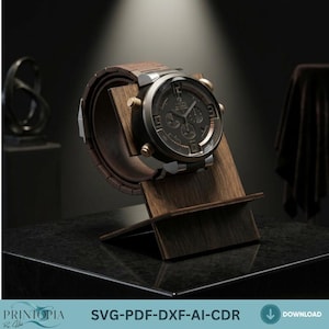 May include: A contemporary wristwatch with a dark face and silver and gold detailing is displayed on a wooden stand. The watch has a brown leather strap. The stand is made of dark wood. The image includes the text "PRINTORIA SVG-PDF-DXF-AI-CDR".