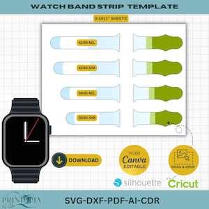 Pode incluir: Um modelo digital para tiras de pulseiras de relógio em quatro tamanhos: 42/44 mm longo e curto, e 38/40 mm longo e curto. O modelo é compatível com os softwares Canva, Silhouette e Cricut. A imagem mostra um Apple Watch preto com um mostrador de relógio branco.