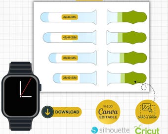 Könnte beinhalten: Eine digitale Vorlage für Uhrenarmbänder in vier Größen: 42/44 mm lang und kurz sowie 38/40 mm lang und kurz. Die Vorlage ist kompatibel mit den Programmen Canva, Silhouette und Cricut. Das Bild zeigt eine schwarze Apple Watch mit einem weißen Zifferblatt.