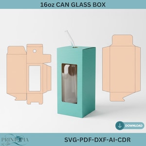 Op de afbeelding: Een turquoise glazen doos met een helder venster, met een glas met een rietje. De doos staat naast een platte, uitgevouwen kartonnen doos. Tekst op de afbeelding luidt "16oz CAN GLASS BOX" en "DOWNLOAD".