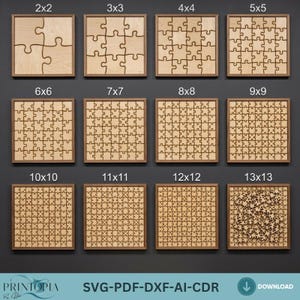 May include: A collection of wooden jigsaw puzzles in various sizes, from 2x2 to 13x13 pieces, each framed in a dark brown border. The puzzles are displayed on a dark gray background. The image also includes the text "PRINTORIA" and "SVG-PDF-DXF-AI-CDR".