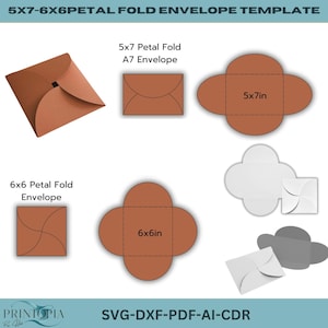 花びら折り封筒 SVG 5x7 & 6x6 招待状テンプレート、正方形の花びら折り SVG 結婚式招待状テンプレート Cricut 255 用