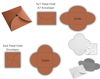 May include: A digital template for creating petal fold envelopes in two sizes: 5x7 inches and 6x6 inches. The template shows the envelope unfolded with lines indicating where to fold. The text "5X7-6X6PETAL FOLD ENVELOPE TEMPLATE" is at the top of the image. The text "SVG-DXF-PDF-AI-CDR" is at the bottom of the image.