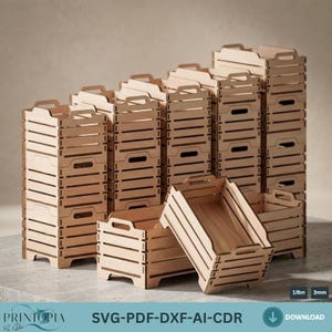 May include: A collection of wooden crates, some stacked, others separate. The crates are light brown with a slatted design and handles. The image includes the text "SVG-PDF-DXF-AI-CDR" and measurements of 1/8in and 3mm.