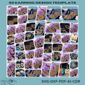 May include: A set of 50 earring design templates for laser cutting. The designs include various shapes, such as flowers, peace signs, rainbows, and geometric patterns. The templates are in SVG, DXF, PDF, AI, and CDR formats.