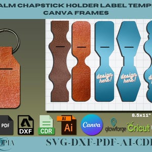 May include: A digital download of five printable label templates for chapstick holders. The templates are in brown, orange, blue, and light blue. The templates are designed to be used with Canva. The text on the templates reads "design here!" and "8.5x11" sheet. The templates are available in SVG, PDF, DXF, CDR, and AI formats.