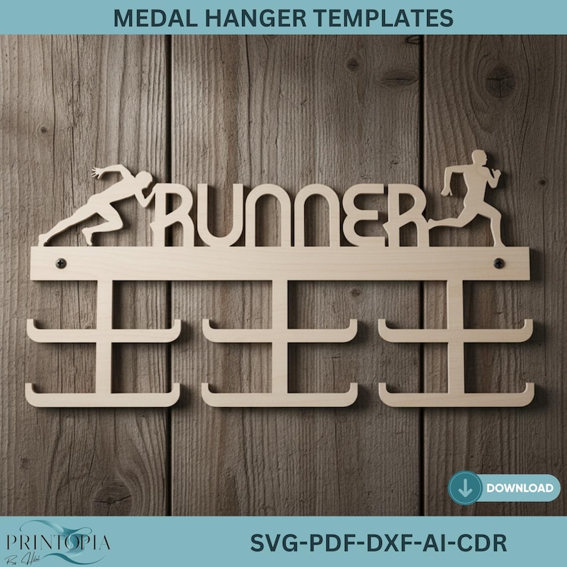 以下が含まれることがあります： 「RUNNER」の文字とランナーのシルエットが特徴的な木製のメダルハンガー。メダルを飾るための3段のフックが付いています。「MEDAL HANGER TEMPLATES」と「SVG-PDF-DXF-AI-CDR」の文字も確認できます。