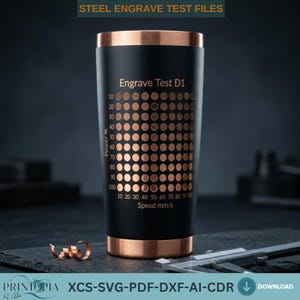 May include: A matte black tumbler with copper-colored rims featuring an engraved grid labeled Engrave Test D1. The grid displays power percentages from 10 to 100 and speed settings from 10 to 100 mm/s, with copper circles showing engraving results.