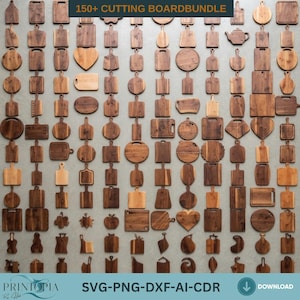May include: A collection of over 150 wooden cutting boards in various shapes and sizes, including rectangular, circular, heart-shaped, and novelty designs, arranged in a grid pattern with the text 150+ CUTTING BOARD BUNDLE at the top.