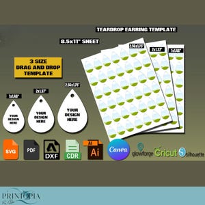 May include: A digital template for creating teardrop earring designs. The template includes three sizes of teardrop shapes: 1x1.46 inches, 2x1.37 inches, and 2.56x1.75 inches. The template is compatible with various design software, including SVG, PDF, DXF, CDR, and AI. The template is also compatible with Cricut, Silhouette, and Glowforge.
