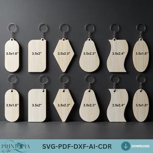 May include: Twelve wooden keyrings in diverse shapes, such as oval, rectangular, diamond, and teardrop. Each keyring has a silver metal ring. Measurements are provided in inches. The text "SVG-PDF-DXF-AI-CDR" is visible.