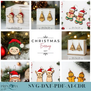 May include: A selection of wooden Christmas earrings featuring designs such as dogs, gnomes, gingerbread men, Christmas trees, llamas, and gingerbread people. The earrings are adorned with festive colours. The image also includes the text "Christmas Earring Set."