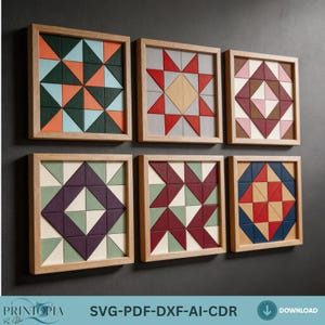 May include: Six framed wooden wall art pieces with geometric designs. Each frame is light brown and contains a unique pattern of colourful triangles and shapes. The colour palette includes orange, blue, red, green, and purple. The text "PRINTTOPIA" and "SVG-PDF-DXF-AI-CDR" are visible.