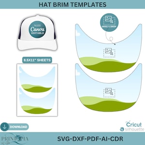 Pode incluir: Um boné de caminhoneiro branco e azul marinho com um logotipo Canva circular. A imagem também mostra modelos de aba de chapéu, uma folha rotulada "8.5x11" SHEETS" e o texto "SVG-DXF-PDF-AI-CDR".