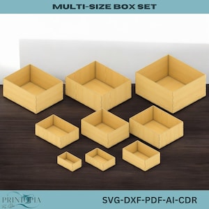 May include: A set of eight cardboard boxes in various sizes. The boxes are all empty and have a light brown color.