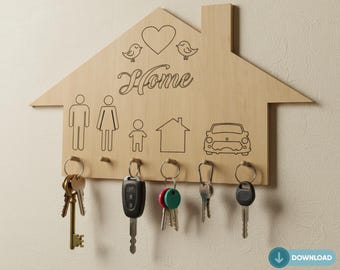 May include: Wooden home-shaped key hanger with the word "Home" in script. It features etched family and home symbols, plus a car. Several keys hang from the bottom. The text "HOME KEY HANGER TEMPLATES" is at the top.