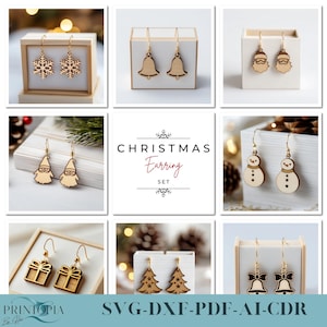 Könnte beinhalten: Ein Set mit 10 Weihnachts-Ohrring-Designs, darunter Schneeflocken, Glocken, Weihnachtsmann, Schneemänner, Weihnachtsbäume und Geschenkboxen. Die Ohrringe sind aus Holz und in den Dateiformaten SVG, DXF, PDF, AI und CDR erhältlich.