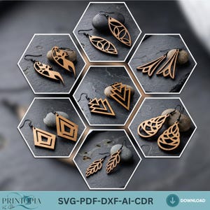 Puede incluir: Una colección de pendientes de madera con varios diseños geométricos e inspirados en la naturaleza. Los pendientes se muestran sobre una superficie gris oscuro, cada uno dentro de un marco hexagonal. Los diseños incluyen formas de hojas, gotas y diamantes.