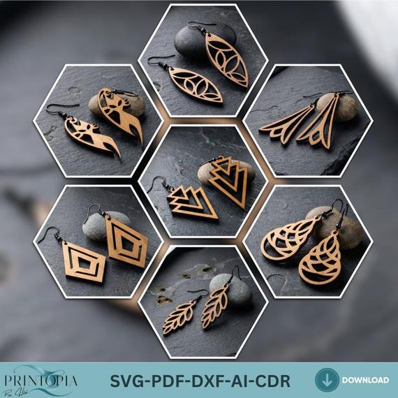 Earring SVG Bundle | 7 Laser Cut Designs | Dangle,Teardrop, Leaf,  Geometric & More,Dangle Earring Templates 265
