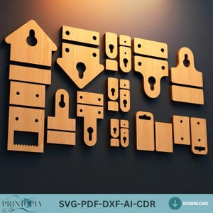 May include: A collection of various wooden cutouts, including shapes resembling keyholes, tags, and a house. The pieces are light brown and appear to be designed for crafting or decorative purposes. The text "PRINTIOPIA" and "SVG-PDF-DXF-AI-CDR" are visible.