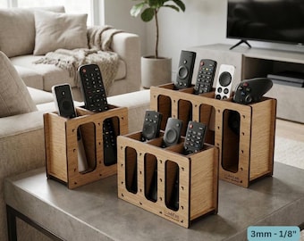 Plantilla para caja organizadora de control remoto cortada con láser, soporte de madera para control remoto de TV 334