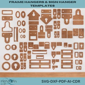 Puede incluir: Una colección de plantillas de madera para colgar marcos y letreros en varias formas y tamaños. Las plantillas incluyen diseños de ojo de cerradura, círculos, rectángulos y formas de casa. El texto "FRAME HANGERS & SIGN HANGER TEMPLATES" y "SVG-DXF-PDF-AI-CDR" son visibles.
